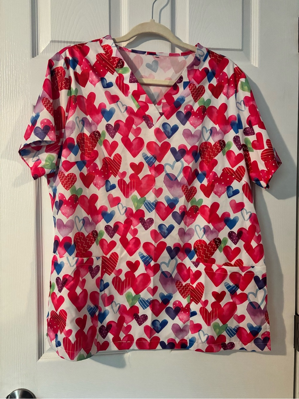 Women’s V-Neck Short Sleeve scrub Top with Multicolor Heart Print